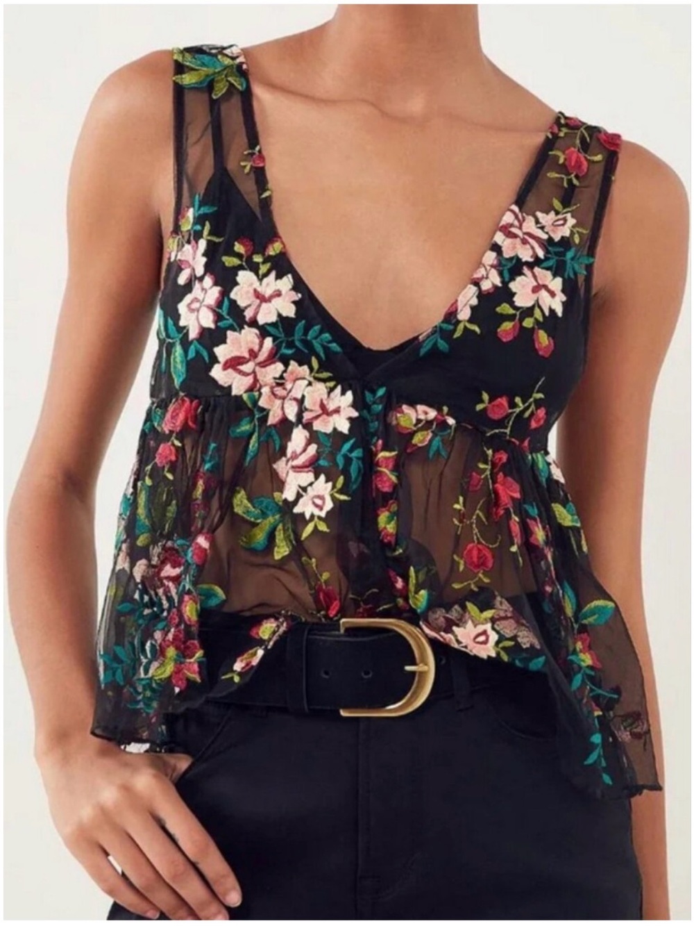 Anthropologie Ecoté Sheer Black Floral Embroidered Peplum Tank